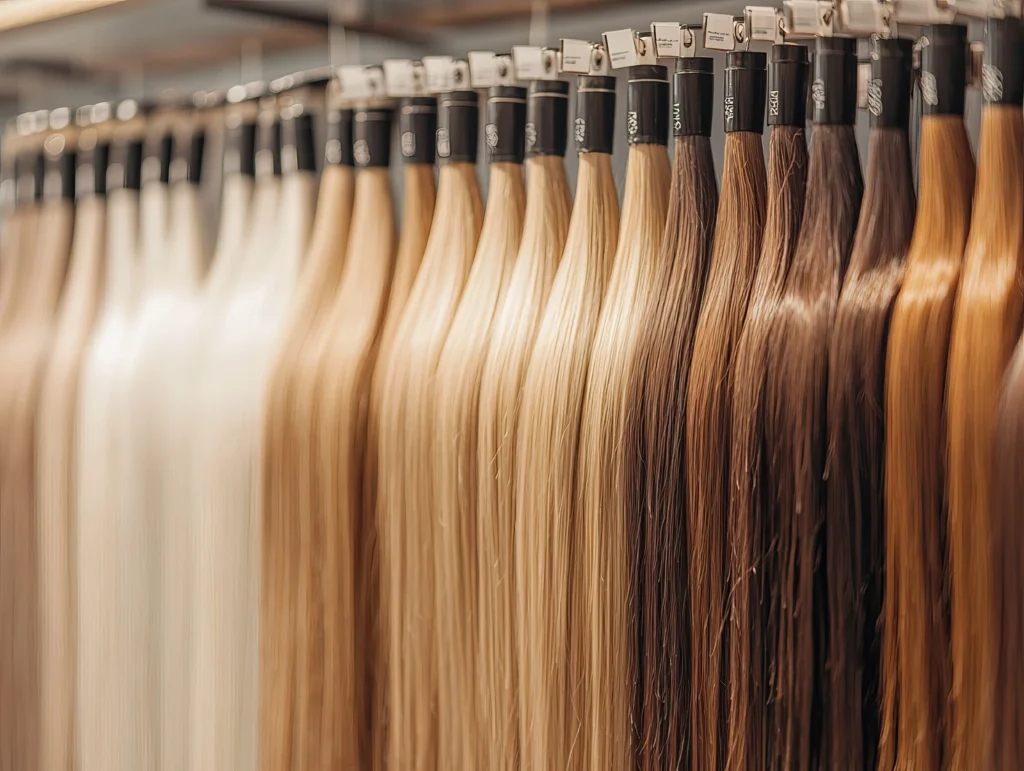 closeup-hair-extensions-various-shades-display-hair-salon.min